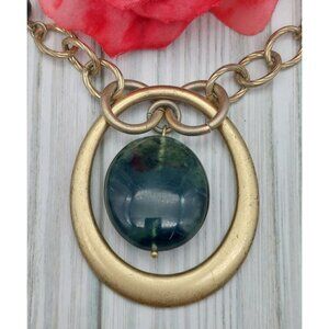 Lia Sophia Gold Tone & Green Chunky Chain Pendant Necklace Statement Boho 18"